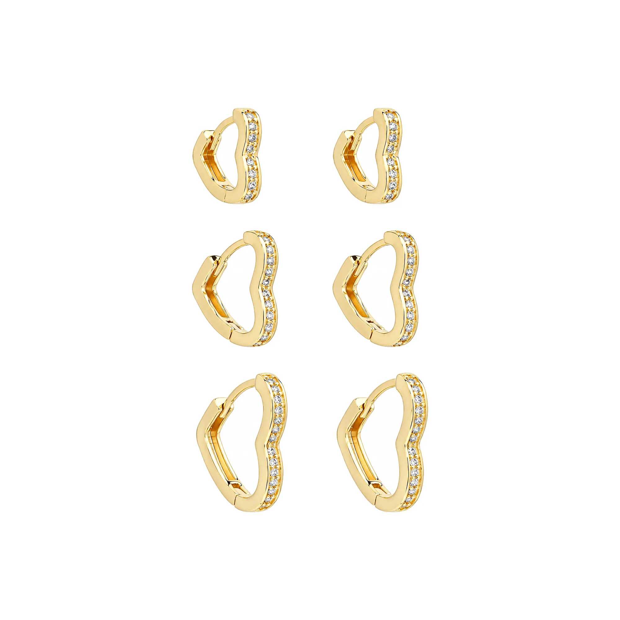 Trio Dourado Argolas de Coração Cravejadas de Zircônia